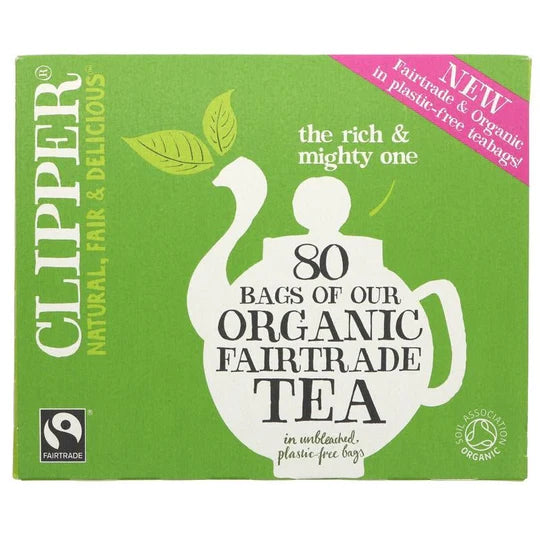 Clipper Organic Fairtrade Tea, featuring 80 unbleached, plastic-free teabags.