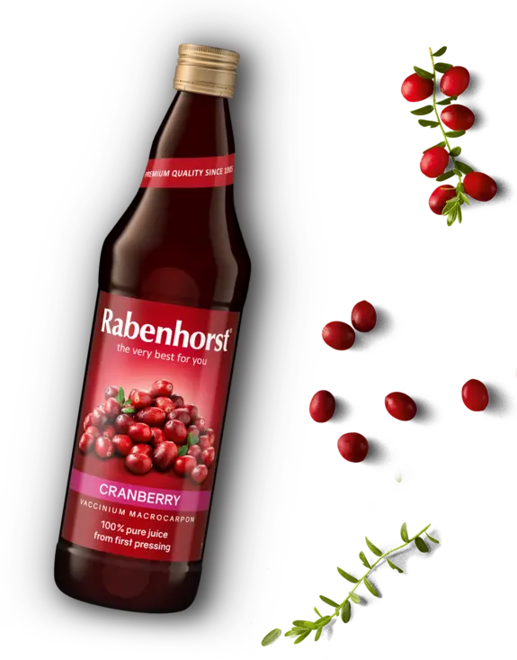 "Rabenhorst 100% pure cranberry juice from first pressing, featuring a premium glass bottle surrounded by fresh cranberries.