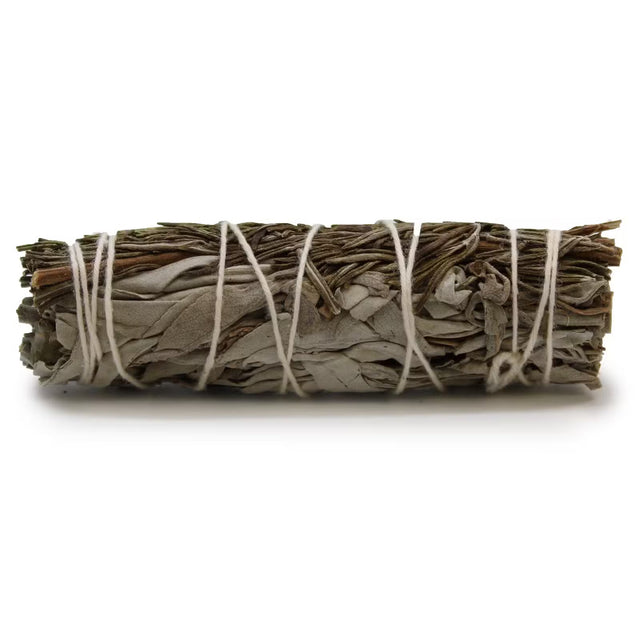 "A hand-tied sage and rosemary cleansing bundle, secured with natural cotton twine."