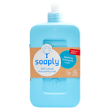 Soaply 98.6% natural dishwashing soap in 'Sparkling Eucalyptus' scent, packaged in a zero-plastic bottle, pH-balanced, and Ecocert certified.