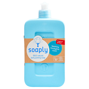 Soaply 98.6% natural dishwashing soap in 'Sparkling Eucalyptus' scent, packaged in a zero-plastic bottle, pH-balanced, and Ecocert certified.