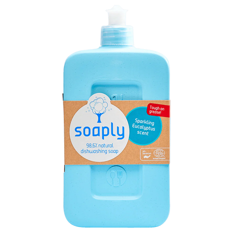 Soaply 98.6% natural dishwashing soap in 'Sparkling Eucalyptus' scent, packaged in a zero-plastic bottle, pH-balanced, and Ecocert certified.