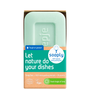 Soaply 100% natural dishwashing bar, 'Fresh tingle of lime' scent, 0% plastic, vegan, and Ecocert certified.