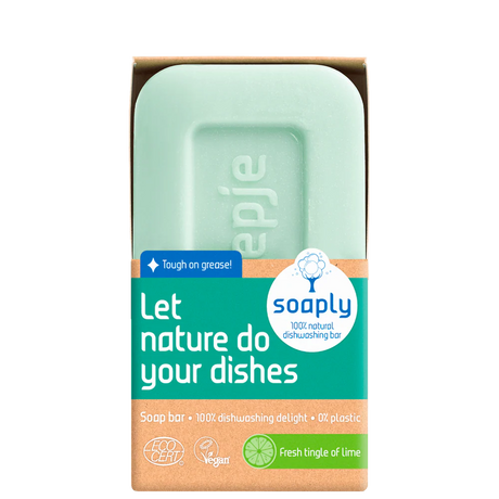 Soaply 100% natural dishwashing bar, 'Fresh tingle of lime' scent, 0% plastic, vegan, and Ecocert certified.