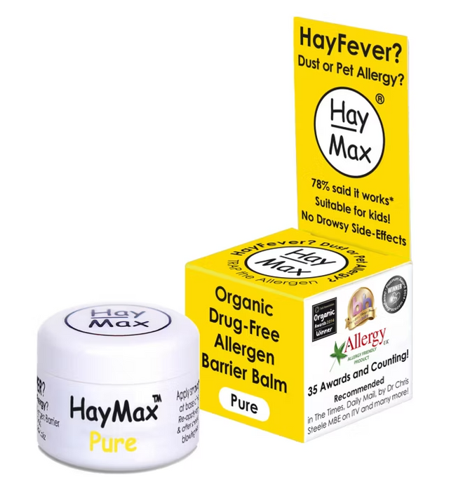 Yellow and white packaging of HayMax Pure, an organic, drug-free allergen barrier balm. The box highlights awards and suitability for children.