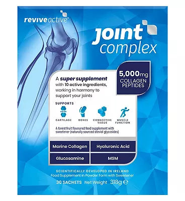 "Revive Active Joint Complex, 30 sachets, forest fruit flavored powder supplement containing 5,000mg of collagen peptides, marine collagen, hyaluronic acid, glucosamine, and MSM to support cartilage, bones, connective tissue, and muscle function."