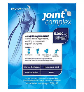"Revive Active Joint Complex, 30 sachets, forest fruit flavored powder supplement containing 5,000mg of collagen peptides, marine collagen, hyaluronic acid, glucosamine, and MSM to support cartilage, bones, connective tissue, and muscle function."