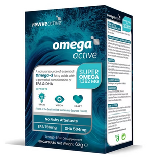 Revive Active Omega Active, 60 capsules, high-strength fish oil supplement with 1,362mg Omega-3 (EPA & DHA) to support brain, vision, and heart health.
