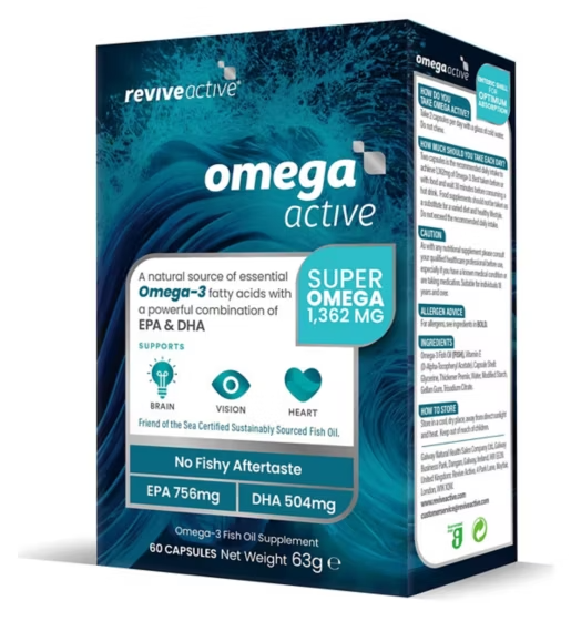 Revive Active Omega Active, 60 capsules, high-strength fish oil supplement with 1,362mg Omega-3 (EPA & DHA) to support brain, vision, and heart health.