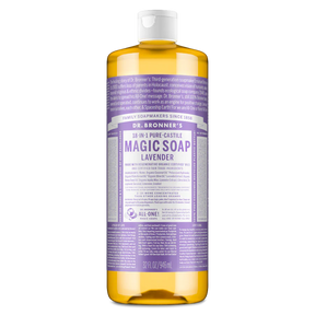 Dr. Bronner’s 18-in-1 Pure-Castile Lavender Magic Soap, a 32 fl oz (946 ml) bottle made with regenerative organic certified and fair trade ingredients.