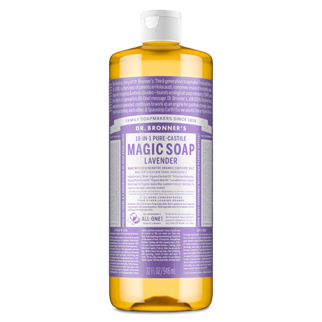 Dr. Bronner’s 18-in-1 Pure-Castile Lavender Magic Soap, a 32 fl oz (946 ml) bottle made with regenerative organic certified and fair trade ingredients.