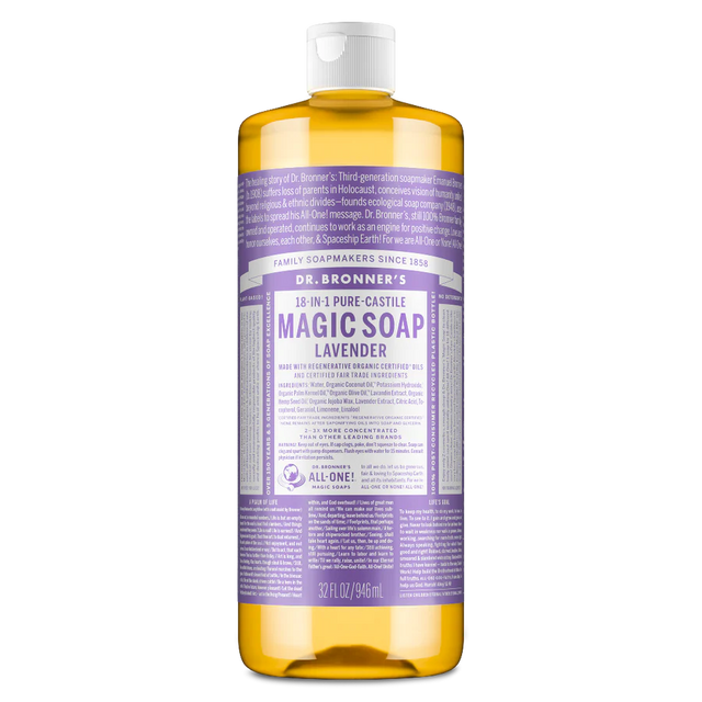 Dr. Bronner’s 18-in-1 Pure-Castile Lavender Magic Soap, a 32 fl oz (946 ml) bottle made with regenerative organic certified and fair trade ingredients.