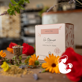 Dr Clare Breastfeeding Specialty Tea – natural herbal tea with fenugreek, fennel and raspberry leaf to support milk supply and postnatal wellbeing.