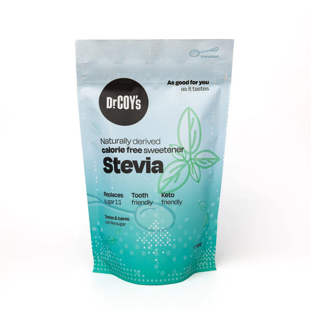 Dr. Coy's naturally derived, calorie-free granulated stevia sweetener, 500g, tooth-friendly and keto-friendly.