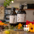 Two bottles of Damtoño on a table with flowers and blurred background