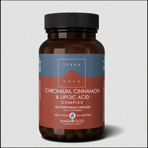 Terranova Chromium Cinnamon and Lipoic Acid Complex vegan capsules for blood sugar balance and metabolic support.