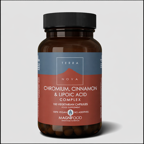 Terranova Chromium Cinnamon and Lipoic Acid Complex vegan capsules for blood sugar balance and metabolic support.