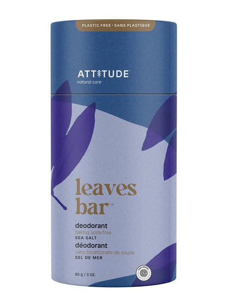 ATTITUDE Leaves Bar plastic-free natural deodorant in Sea Salt scent, 85g.