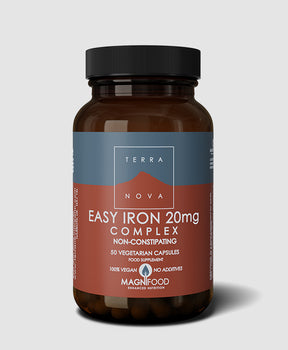 Terranova Easy Iron 20mg complex supplement, containing 50 vegan vegetarian capsules.