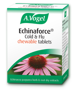 Avogel Echinaforce Chewable – echinacea herb and root chewable tablets for natural immune support and relief from cold and flu symptoms.