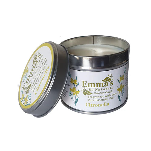 Emma's So Naturals Citronella eco-soy candle, handmade in Ireland and fragranced with only pure essential oils, presented in a signature tin with an open lid.