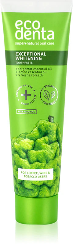 Green tube of Ecodenta toothpaste labeled "Exceptional Whitening" with bergamot and lemon oils. Suitable for coffee, wine, and tobacco users.