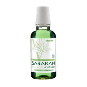 "Sarakan anti-plaque mouthwash, alcohol-free formula with natural extract of Salvadora persica, designed to promote gum health and freshen breath."