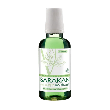 "Sarakan anti-plaque mouthwash, alcohol-free formula with natural extract of Salvadora persica, designed to promote gum health and freshen breath."
