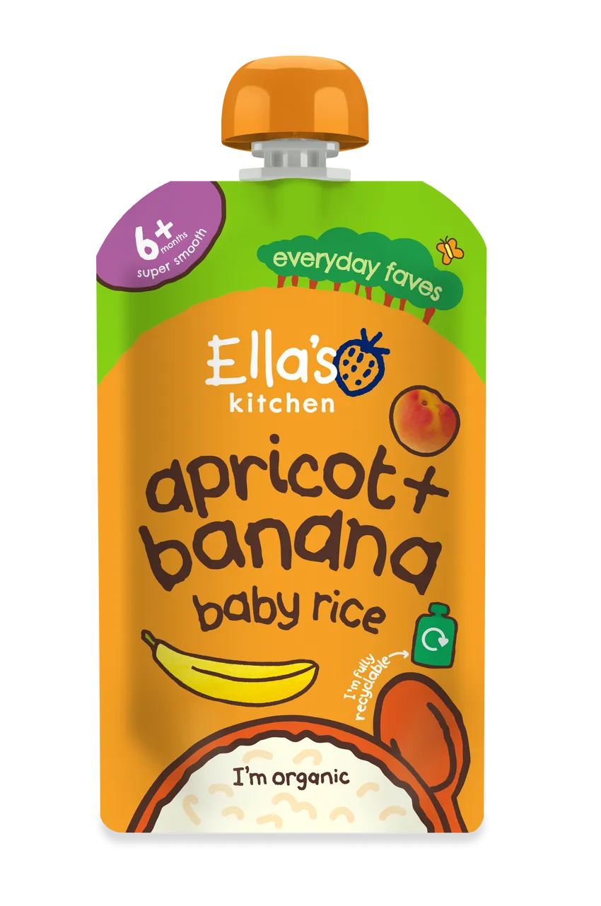 "Ella's Kitchen organic Apricot + Banana baby rice, a super-smooth puree suitable for babies aged 6+ months, packaged in a fully recyclable pouch."