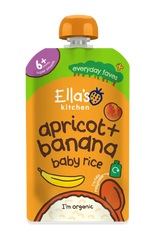 "Ella's Kitchen organic Apricot + Banana baby rice, a super-smooth puree suitable for babies aged 6+ months, packaged in a fully recyclable pouch."