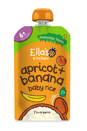 "Ella's Kitchen organic Apricot + Banana baby rice, a super-smooth puree suitable for babies aged 6+ months, packaged in a fully recyclable pouch."