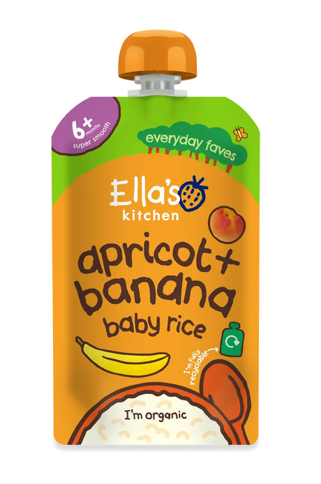 "Ella's Kitchen organic Apricot + Banana baby rice, a super-smooth puree suitable for babies aged 6+ months, packaged in a fully recyclable pouch."