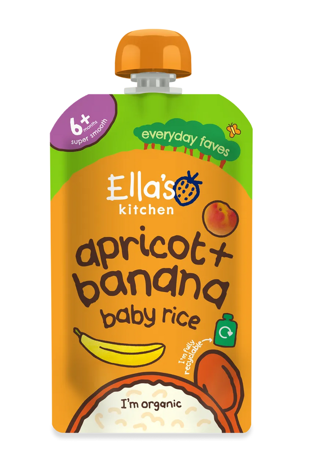"Ella's Kitchen organic Apricot + Banana baby rice, a super-smooth puree suitable for babies aged 6+ months, packaged in a fully recyclable pouch."