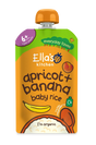 "Ella's Kitchen organic Apricot + Banana baby rice, a super-smooth puree suitable for babies aged 6+ months, packaged in a fully recyclable pouch."