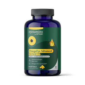 Eyetamins by Optase OmegaEye Advanced, a 90-softgel ophthalmologist-approved food supplement with fish oil, designed to support eye health with Omega 3.