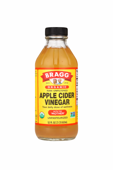 Bragg Organic Apple Cider Vinegar with The Mother raw unfiltered and unpasteurized 473ml bottle.