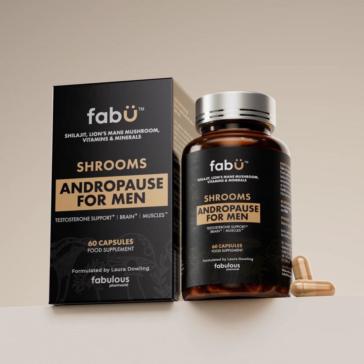 Supplement packaging for 'Shrooms Andropause for Men' by fabü on a neutral background