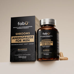 Supplement packaging for 'Shrooms Andropause for Men' by fabü on a neutral background