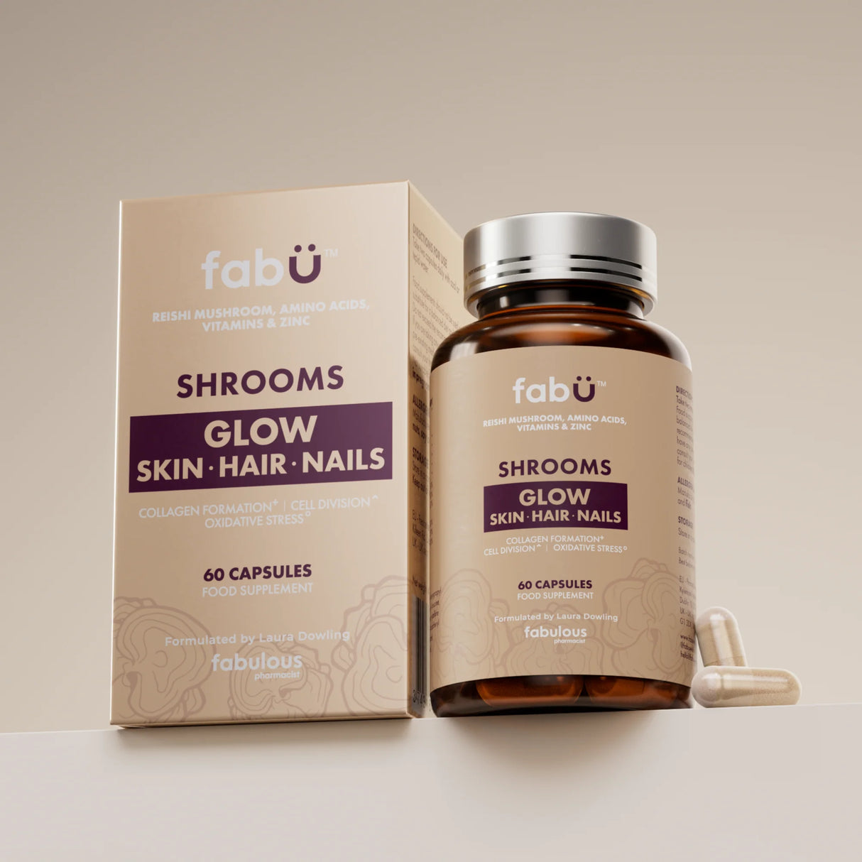 Fabü shrooms supplement bottle and packaging on a beige background
