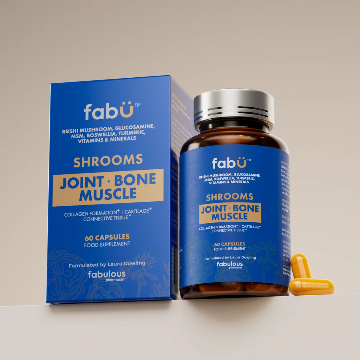 Blue supplement bottle and packaging labeled 'fabü' on a beige background