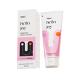 Packaging of "Hello Joy" water-based intimate lubricant is shown. A 100ml pink and white box and tube are displayed against a neutral background.