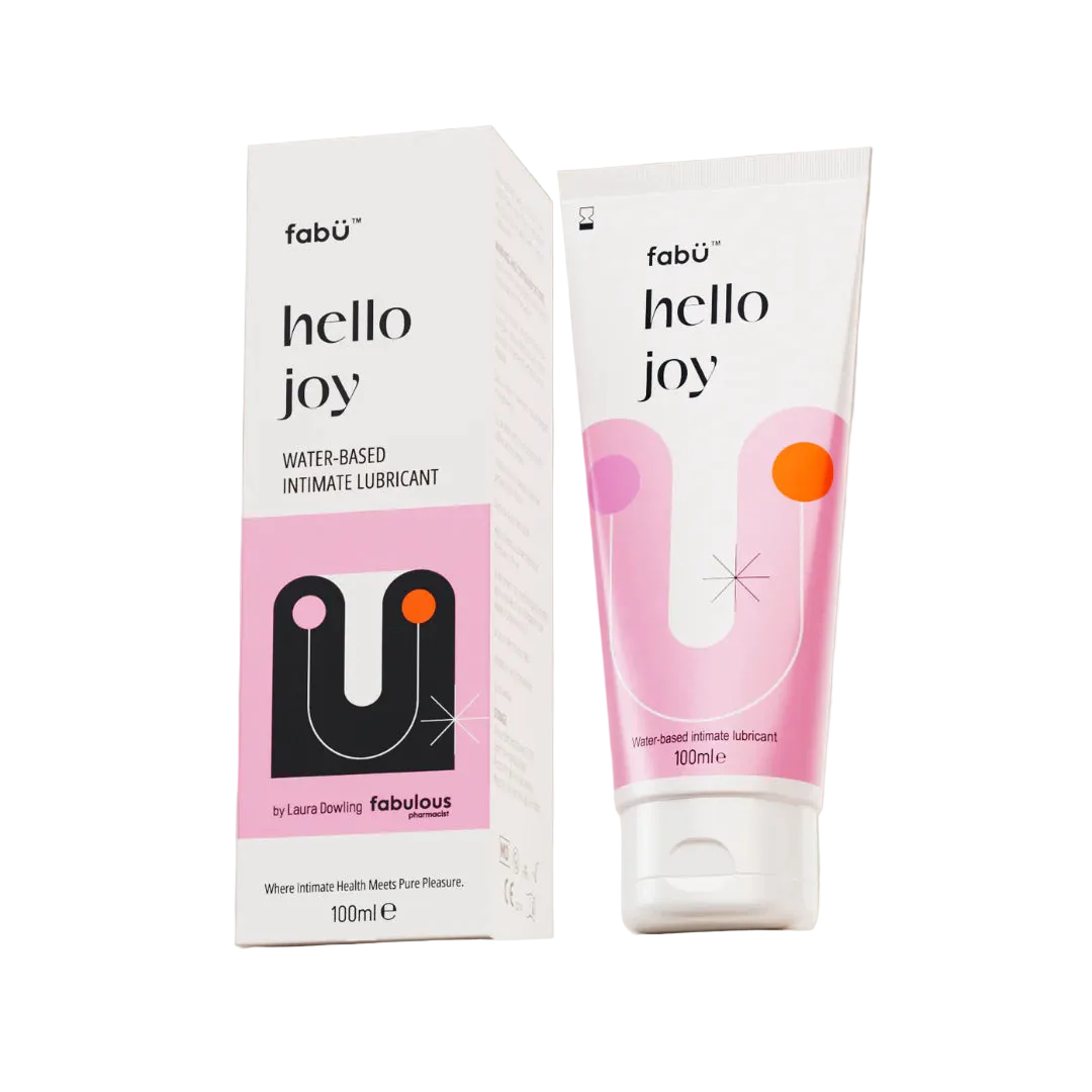 Packaging of "Hello Joy" water-based intimate lubricant is shown. A 100ml pink and white box and tube are displayed against a neutral background.
