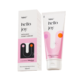 Packaging of "Hello Joy" water-based intimate lubricant is shown. A 100ml pink and white box and tube are displayed against a neutral background.