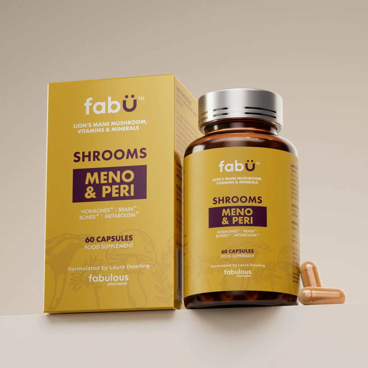 Fábú Shrooms Meno and Peri capsules for menopause support, 60 pack with Lion's Mane, Reishi, and Sage, an Irish wellness supplement.