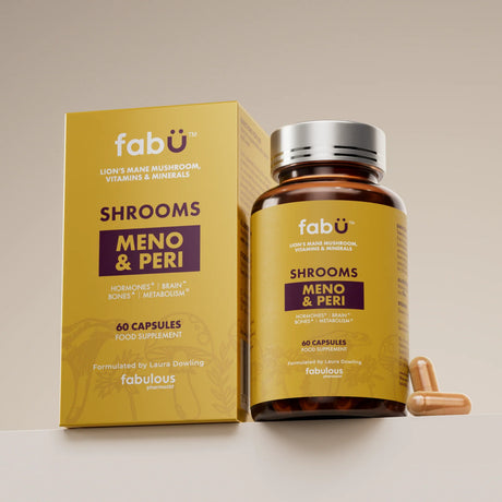 Fábú Shrooms Meno and Peri capsules for menopause support, 60 pack with Lion's Mane, Reishi, and Sage, an Irish wellness supplement.