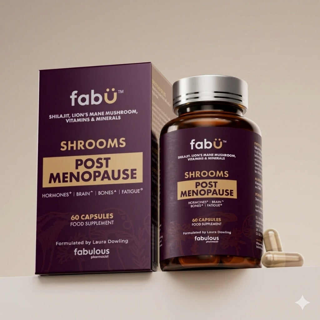 fabå shrooms post menopause supplement bottle and packaging on a beige background
