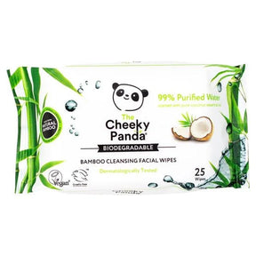 The Cheeky Panda Biodegradable Bamboo Cleansing Facial Wipes, a vegan and cruelty-free product containing 25 wipes made from natural bamboo.