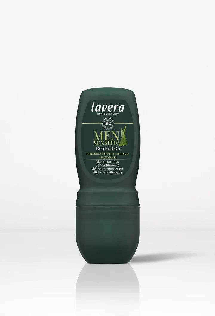 Lavera Men Sensitive Deo Roll-On, an aluminium-free deodorant with organic aloe vera and lemongrass, offering 48-hour protection.
