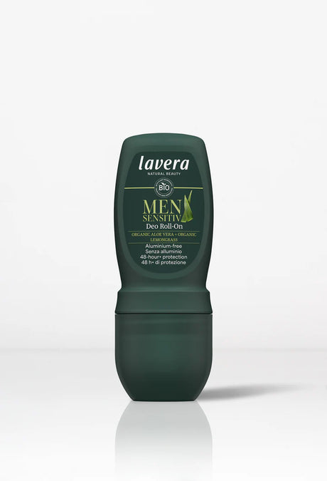 Lavera Men Sensitive Deo Roll-On, an aluminium-free deodorant with organic aloe vera and lemongrass, offering 48-hour protection.