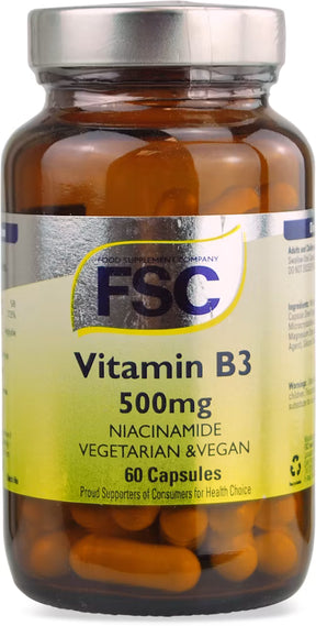 A bottle of FSC Vitamin B3 500mg capsules, featuring orange-colored capsules visible through the amber brown plastic bottle with a silver cap and a yellow label.